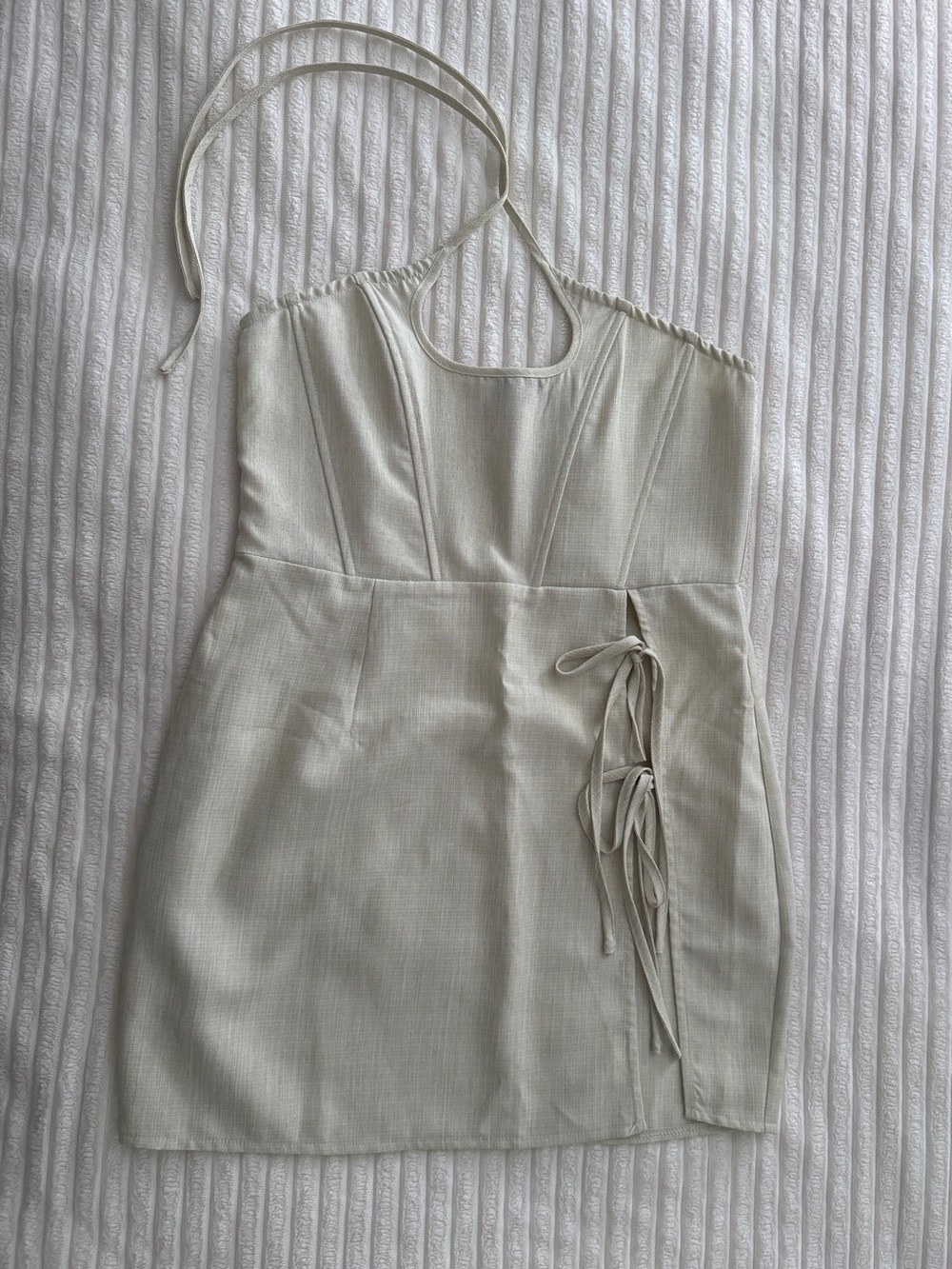 PrettyLittleThing Cream One-Shoulder Tie-Side Mini Dress